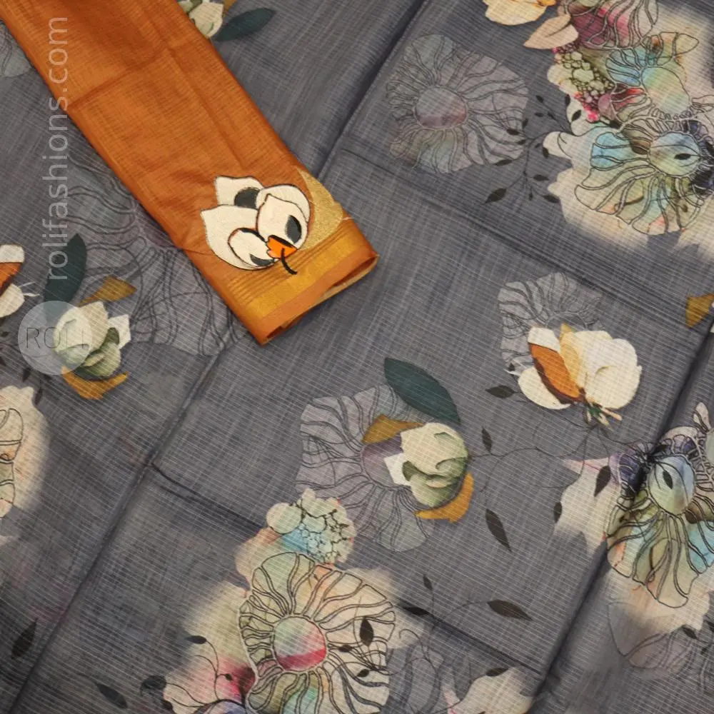 Celebrity grey saree with mustard zari border And 3D patchwork designer blouse