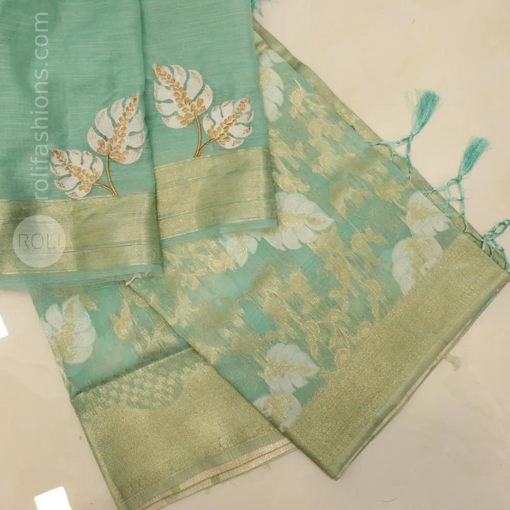 Stunning pastal aqua blue with silver zari border