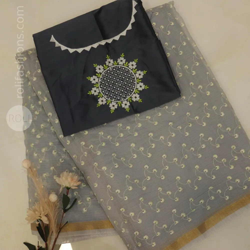 Soft pastel ash grey body with delicate off-white floral embroidery
