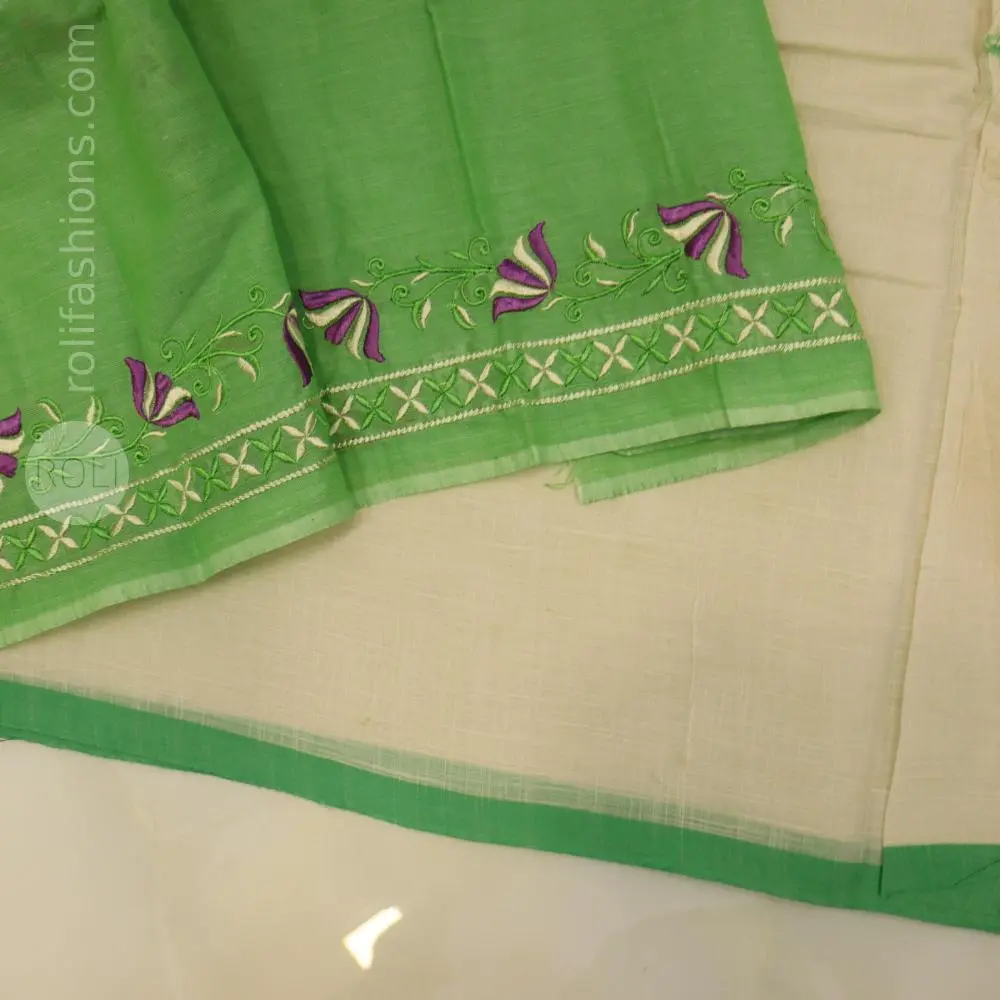 Cream White Saree and Green Blouse