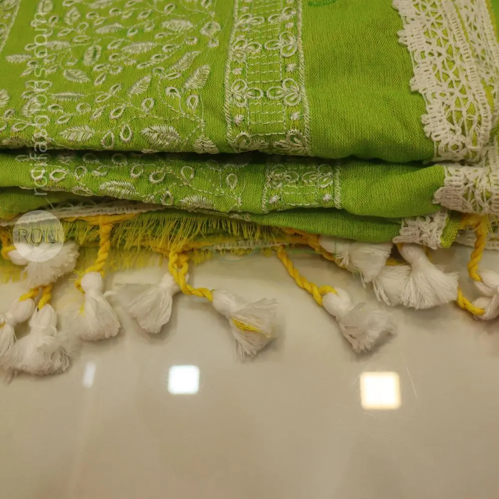 Parrot green saree with lace edges and allover embroidery