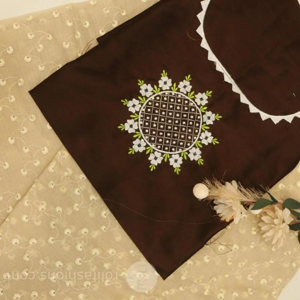 soft beige body with delicate off-white floral embroidery,deep chocolate brown blouse