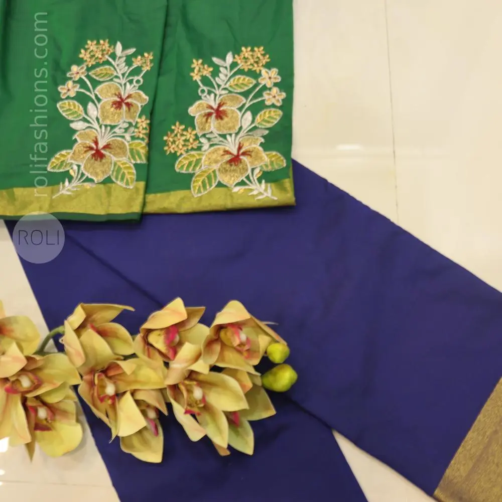 Blue with golden zari woven border and green blouse and pallu