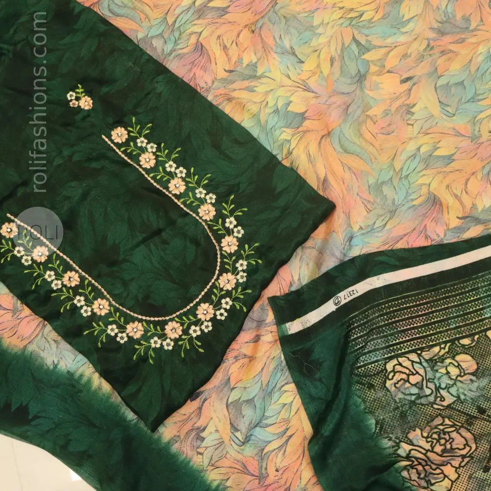 Multi colour floral body with Leafy green border