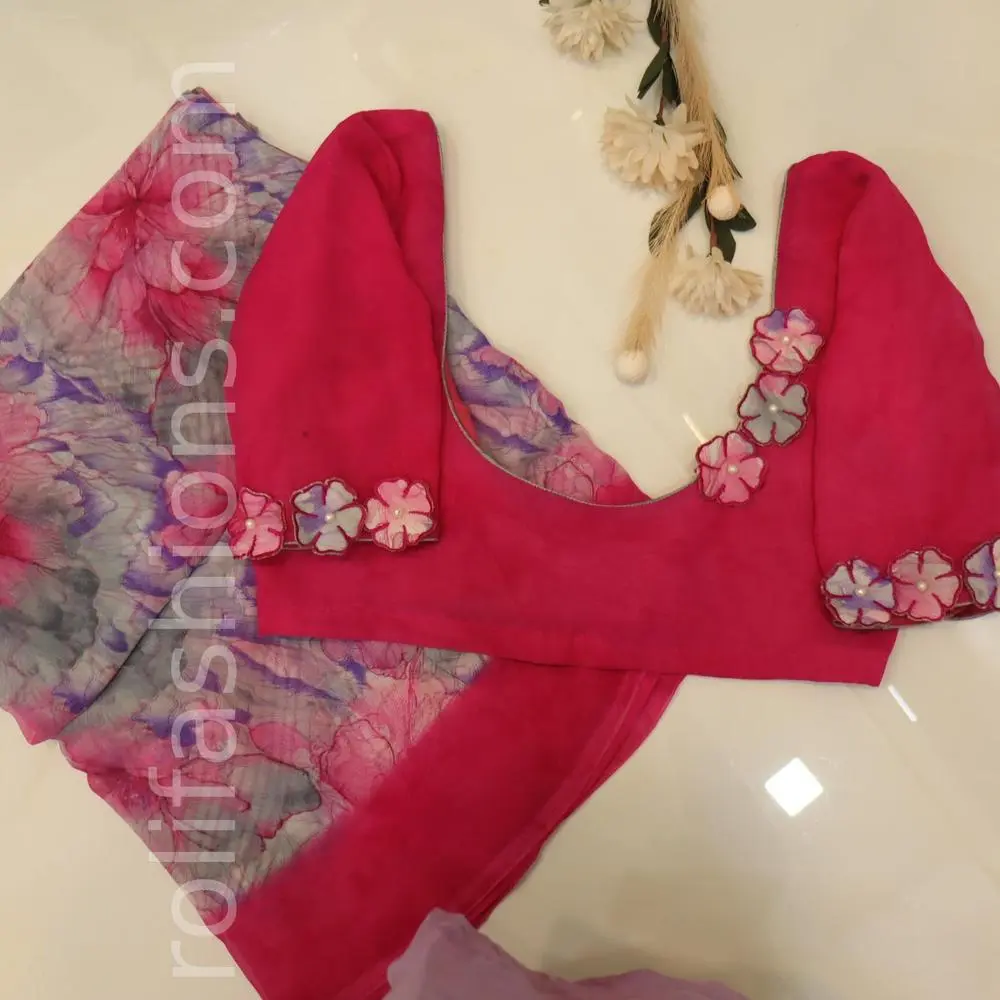 Pink and rose saree with patchwork designer blouse