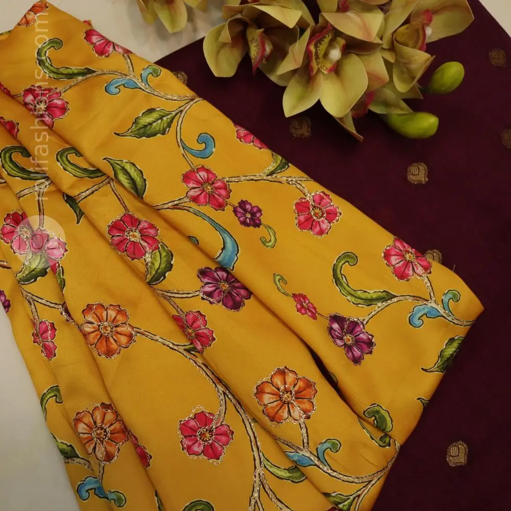 Goddess kumkum maroon with stunning yellow designer blouse