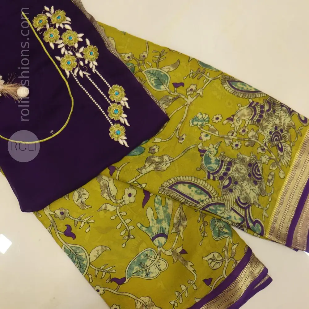 Mustard olive body and royal purple blouse
