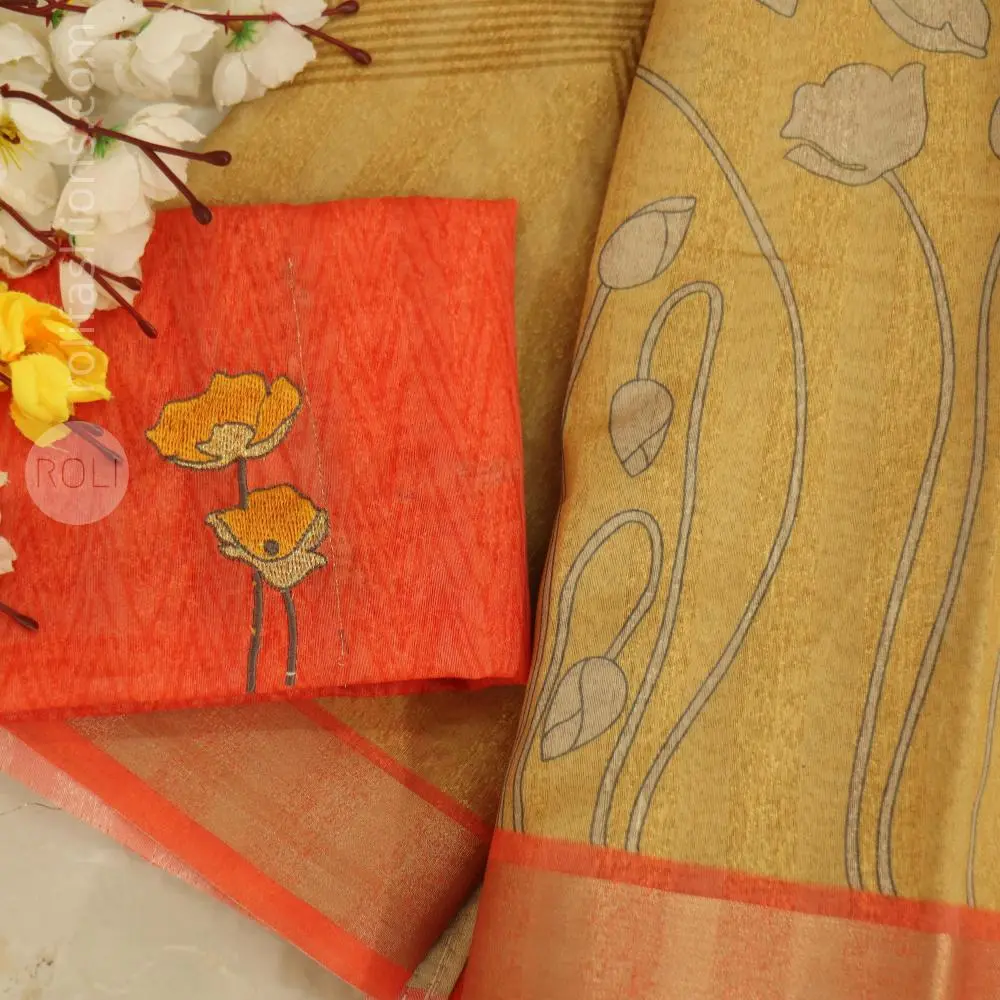 Golden yellow with a vibrant coral orange border