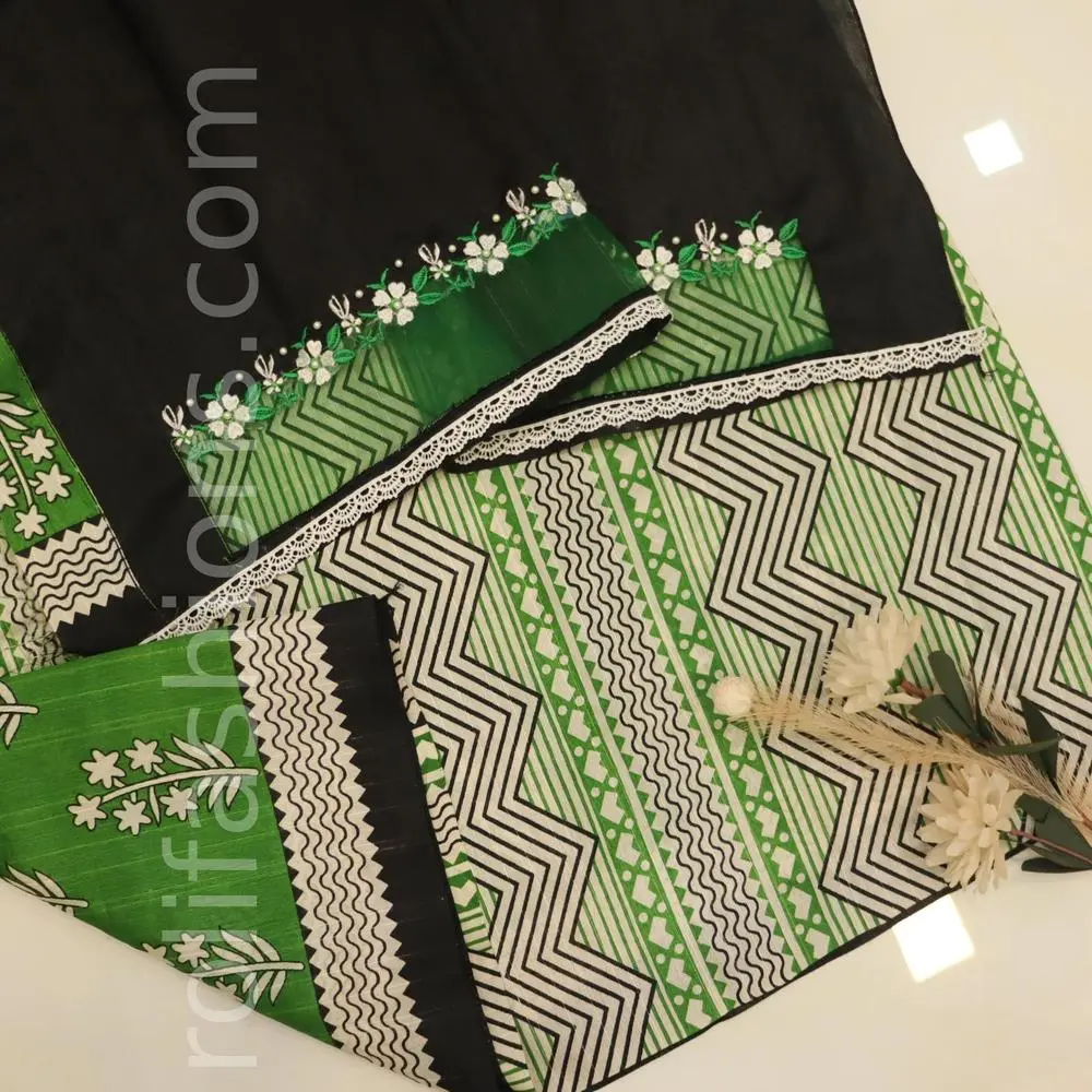 Green and Black saree with network designer blouse(unstitched)