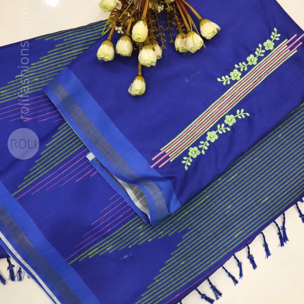 Deep cobalt blue with striking soft pink and green stripes