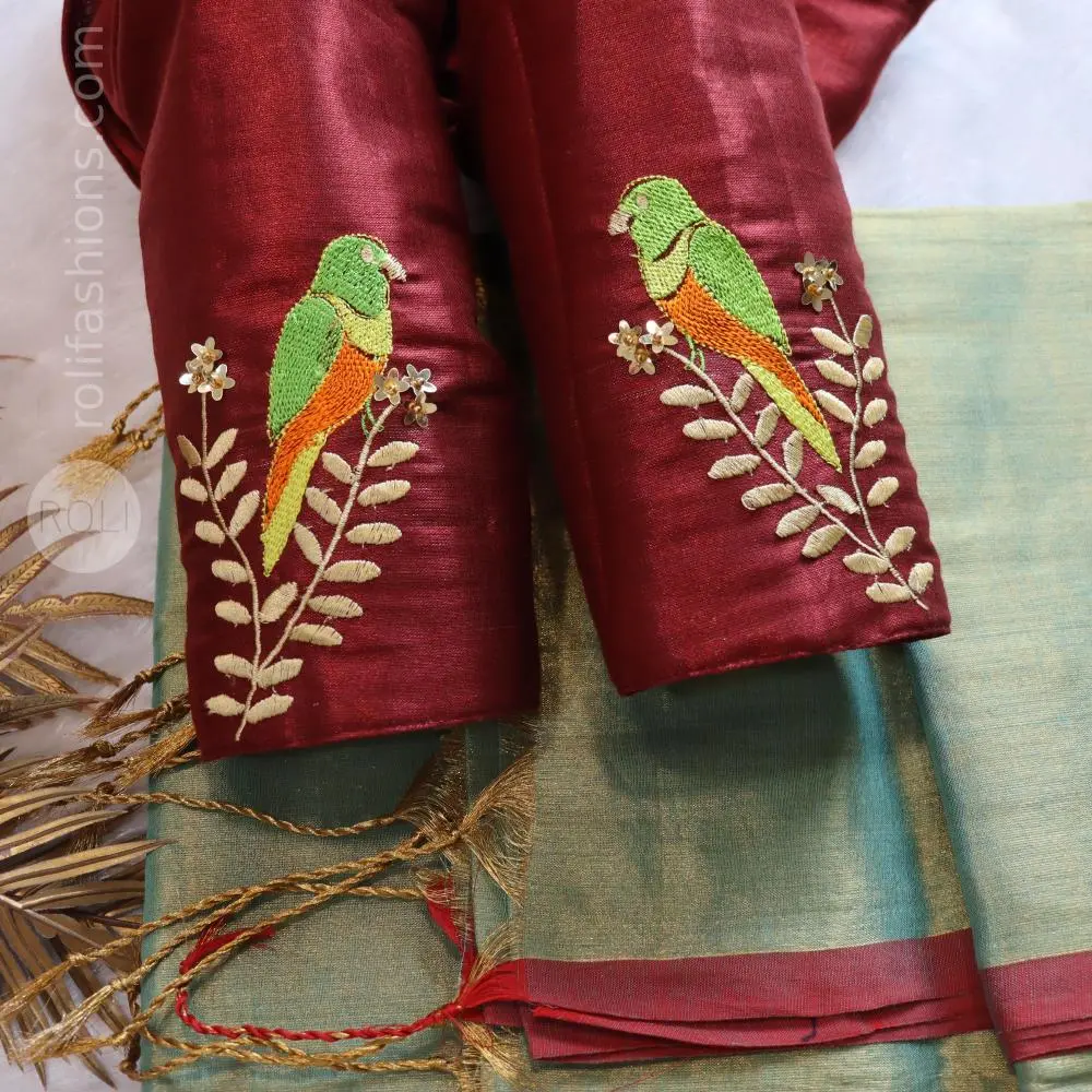 Pear Green Khadhi Tissue Saree with Cherry Red blouse