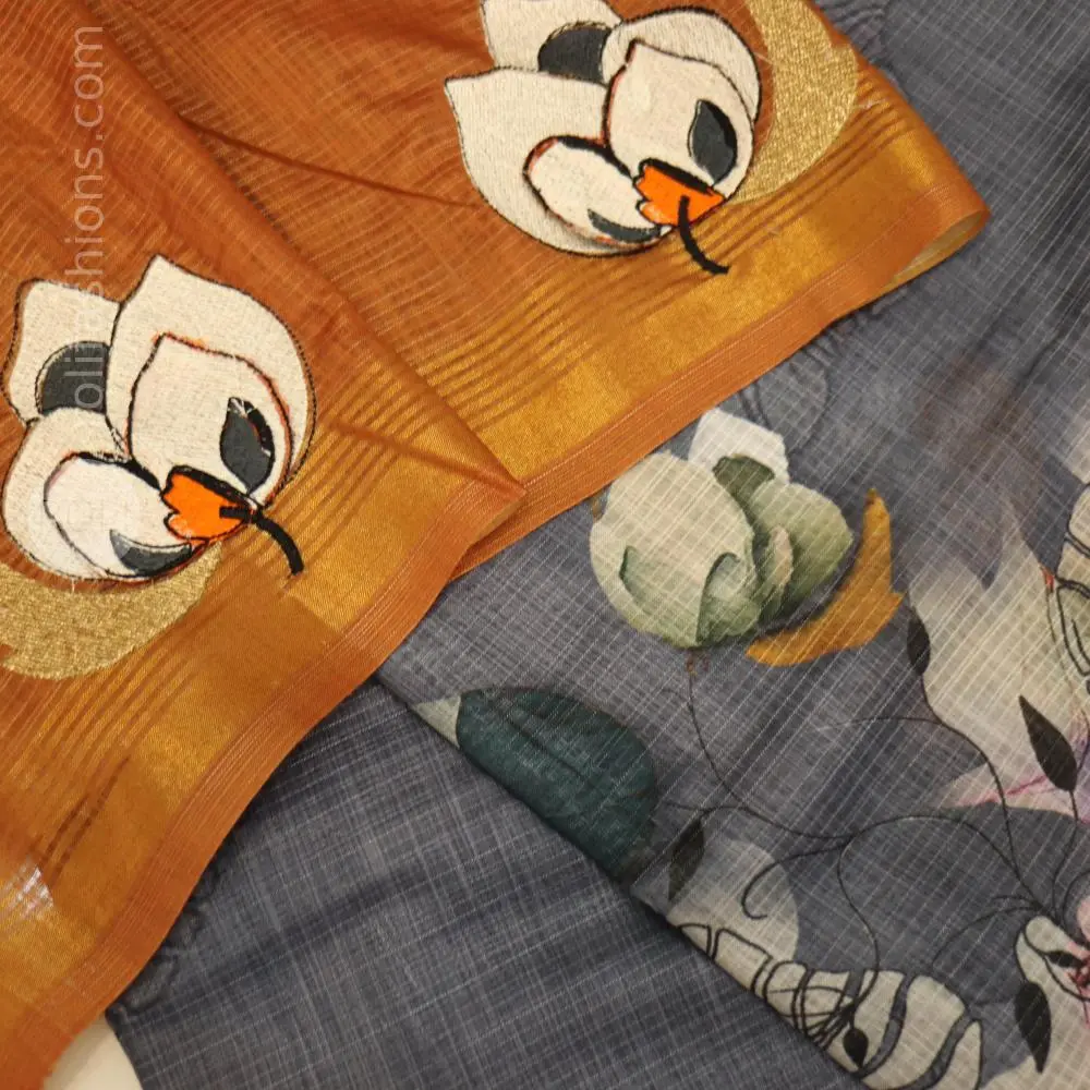 Celebrity grey saree with mustard zari border And 3D patchwork designer blouse