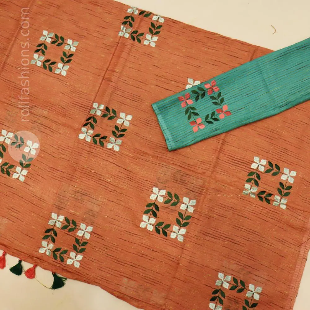 Terracotta Peach saree with Teal Blue blouse