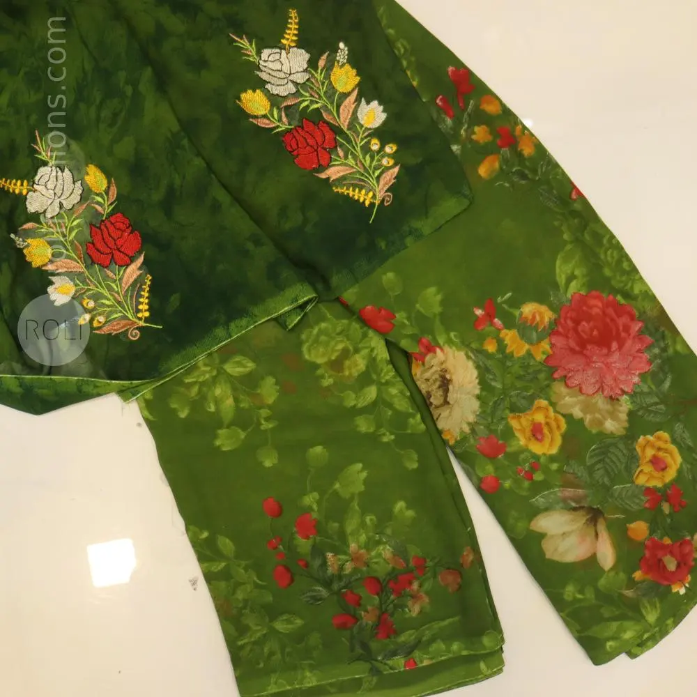 Green Floral Printed Saree with Embroidered Designer Blouse