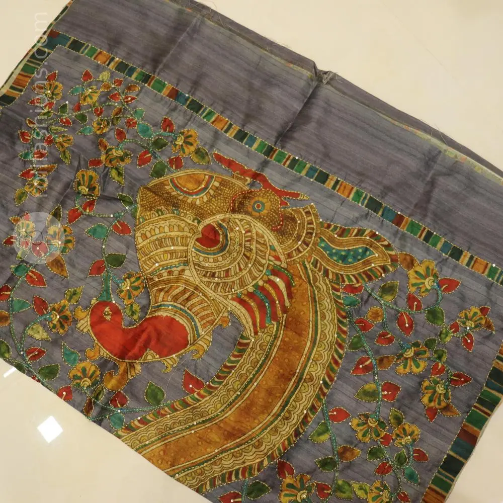 Celebrity Grey saree with kantha hand work
