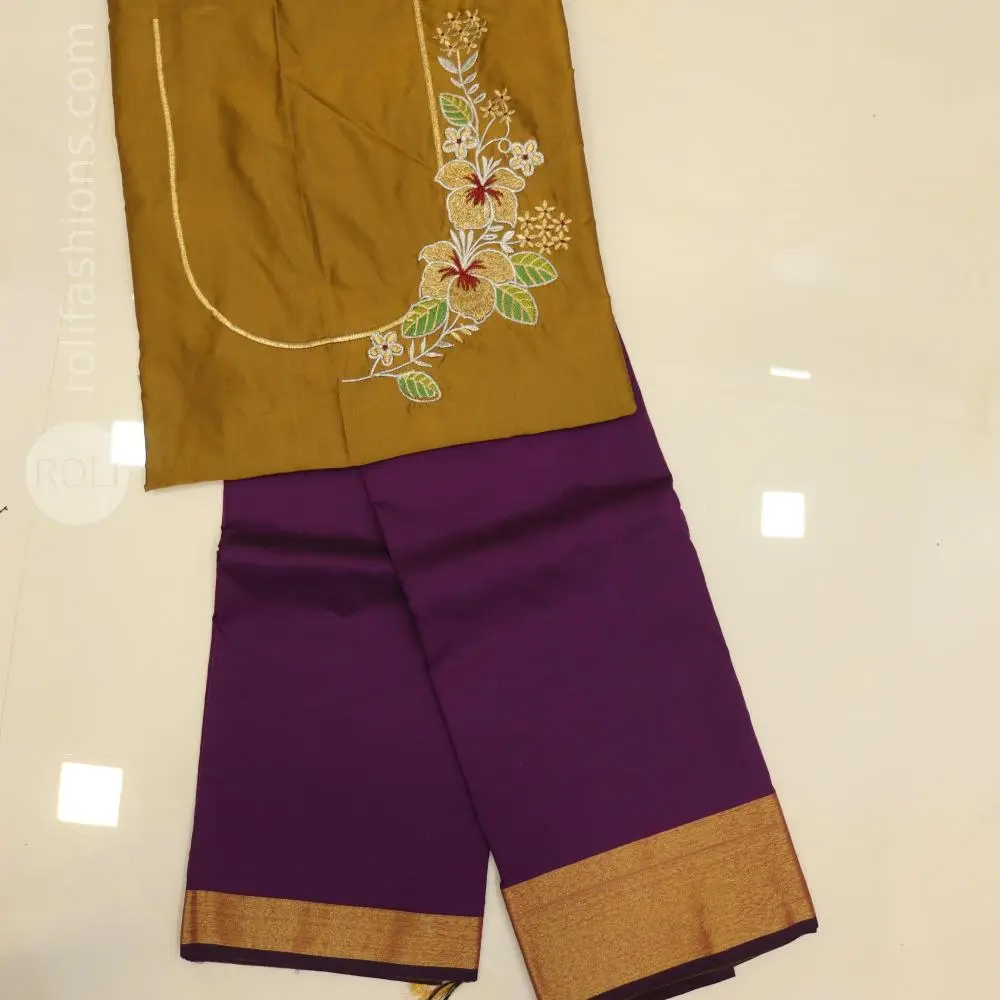 Violet saree with dried mehndi blouse
