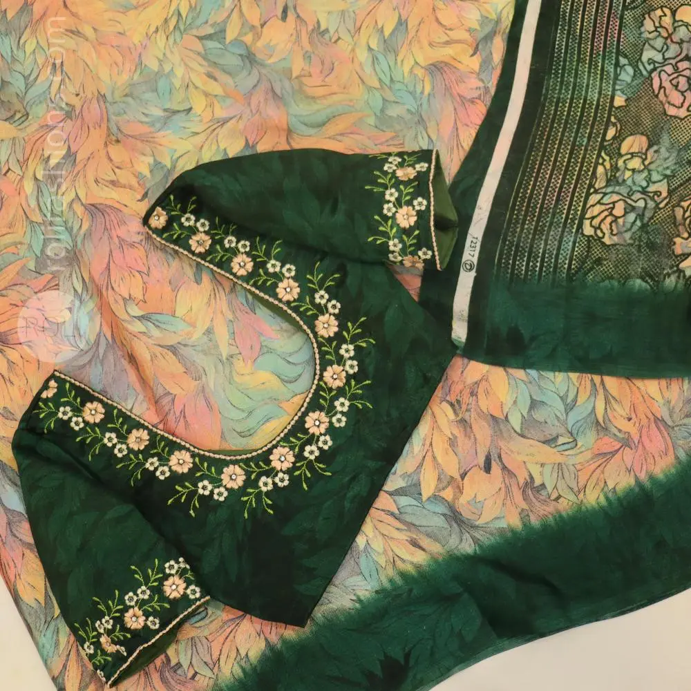 Multi colour floral body with Leafy green border