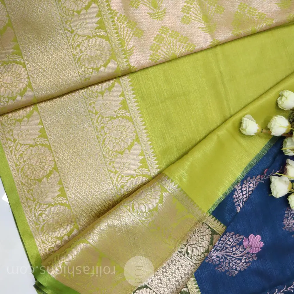 Dark Blue , with Olive Green, and Gold Zari
