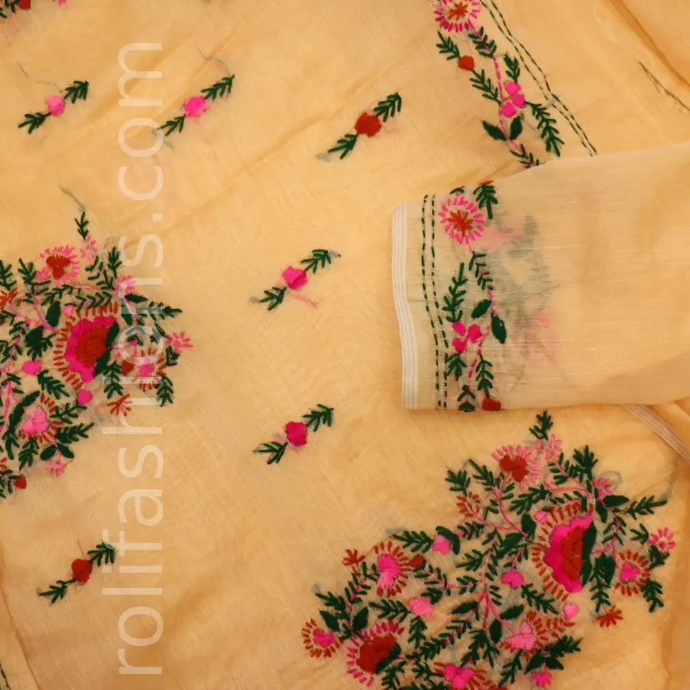 Sandal saree with multi colour floral Thread handwork