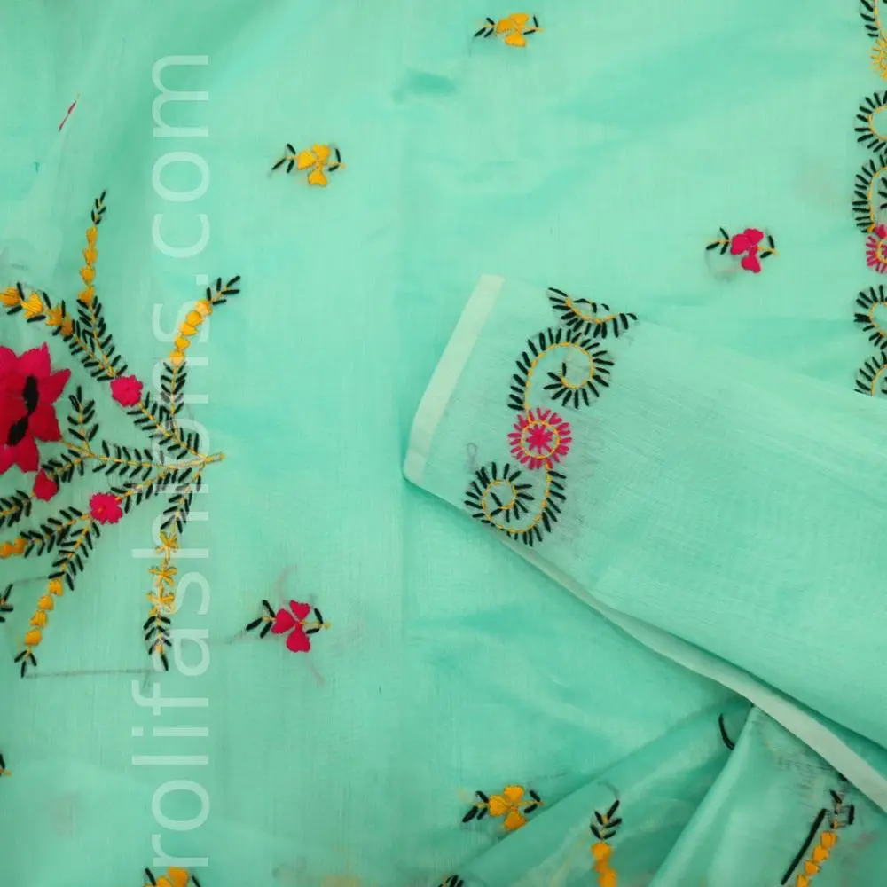Pastel blue with red floral Thread handwork