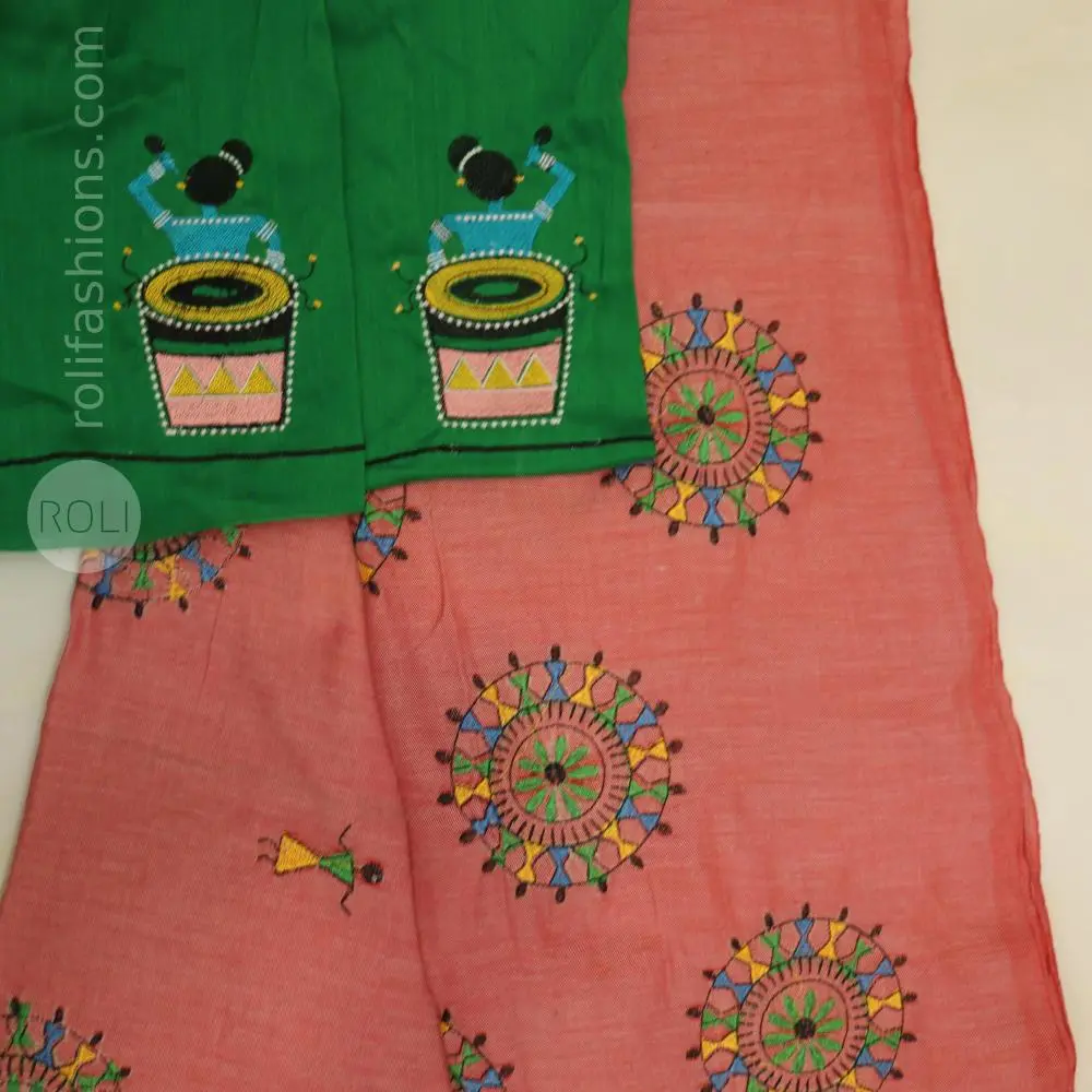 Pastel pink with warli embroidery
