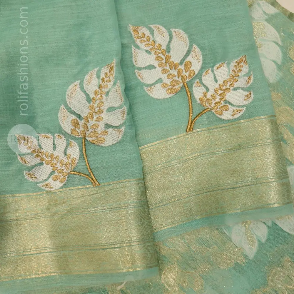 Stunning pastal aqua blue with silver zari border