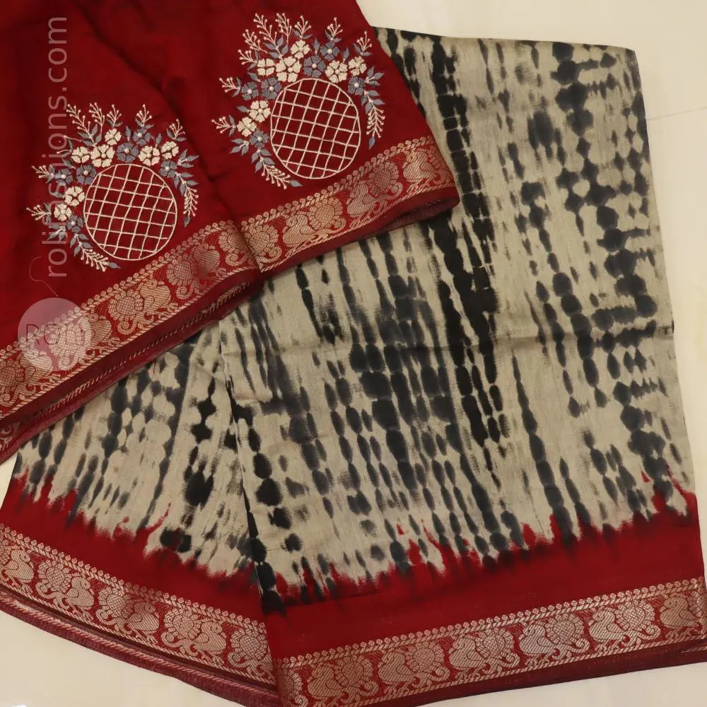 Grey shibhori printed saree with maroon border