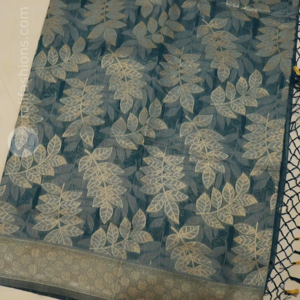Stunning sea blue with silver and gold zari weaving