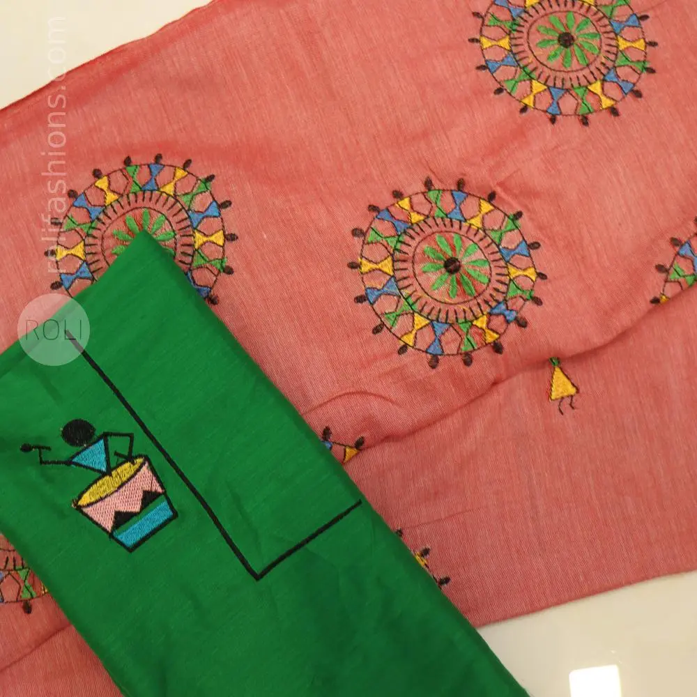 Pastel pink with warli embroidery