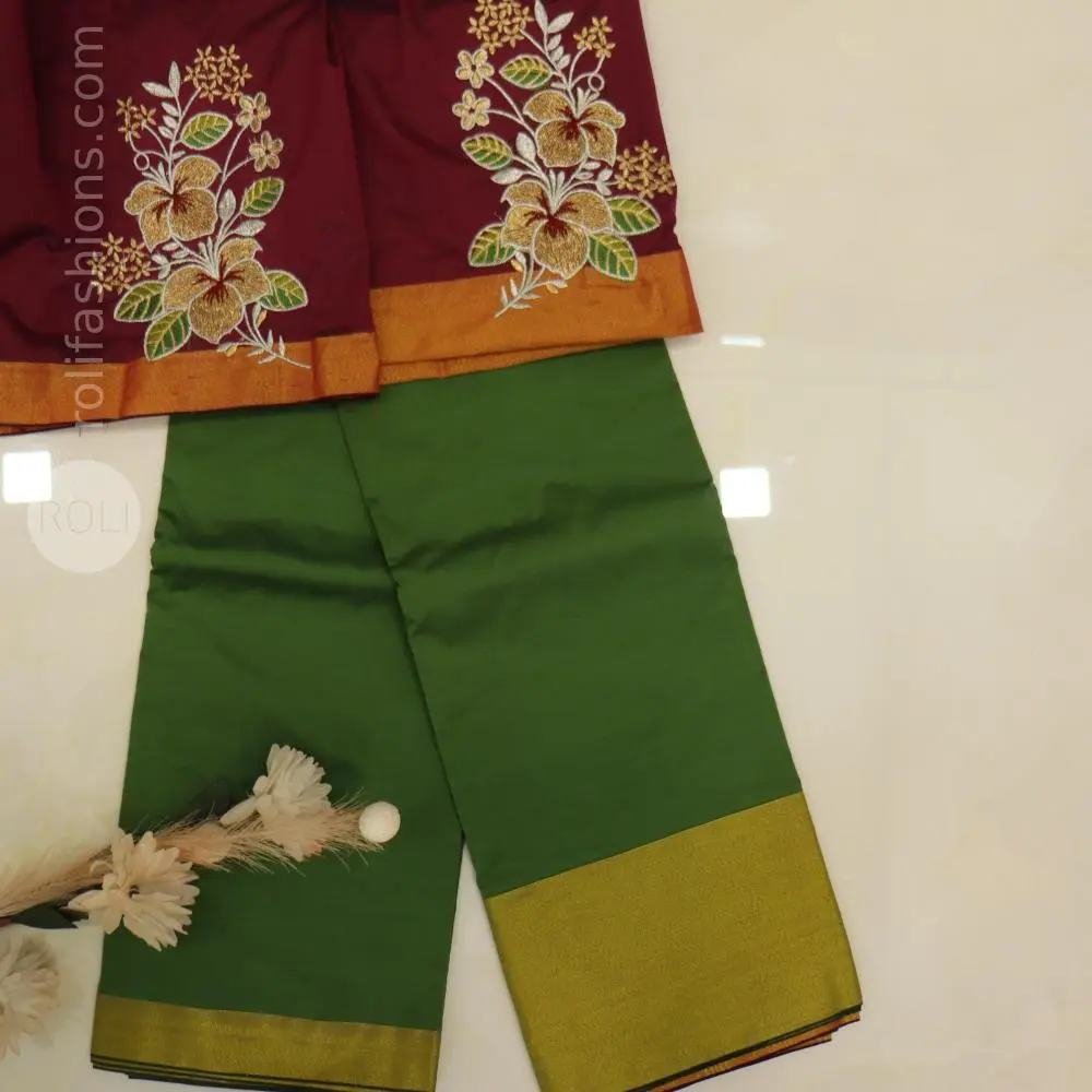 Gram green with maroon pallu and blouse
