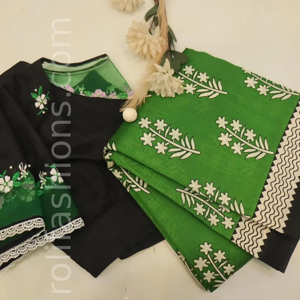 Green and Black saree with network designer blouse(unstitched)