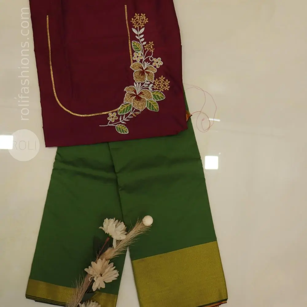 Gram green with maroon pallu and blouse