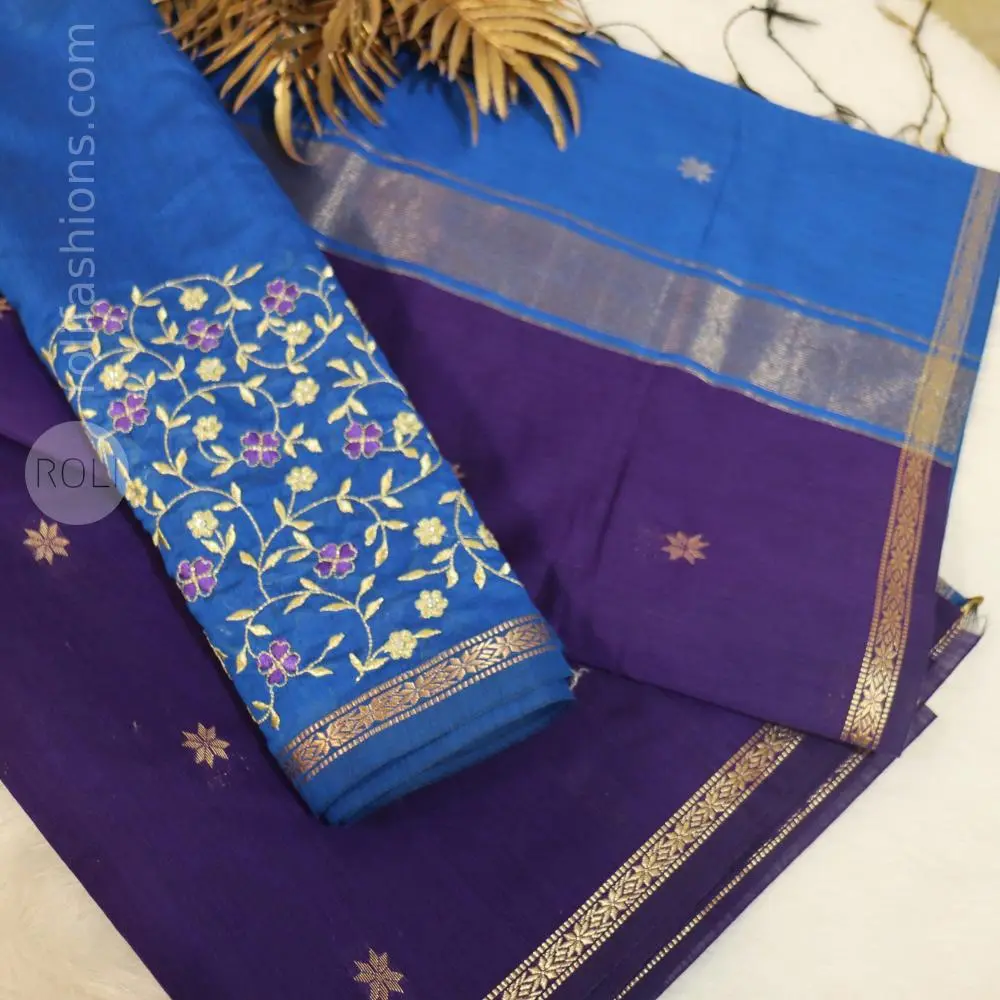 Indigo saree with Trypan blue pallu 