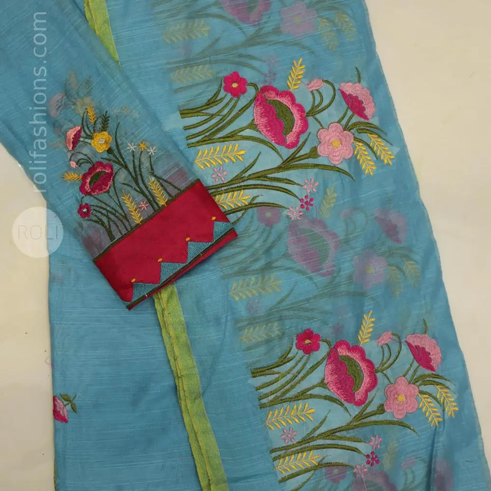 Nevy blue saree in floral embroidery and patterned with pink fabric