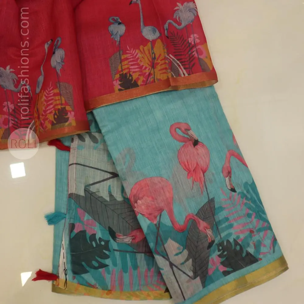 Refreshing sky blue saree with the cotton candy pastel pink with flamingo printed blouse