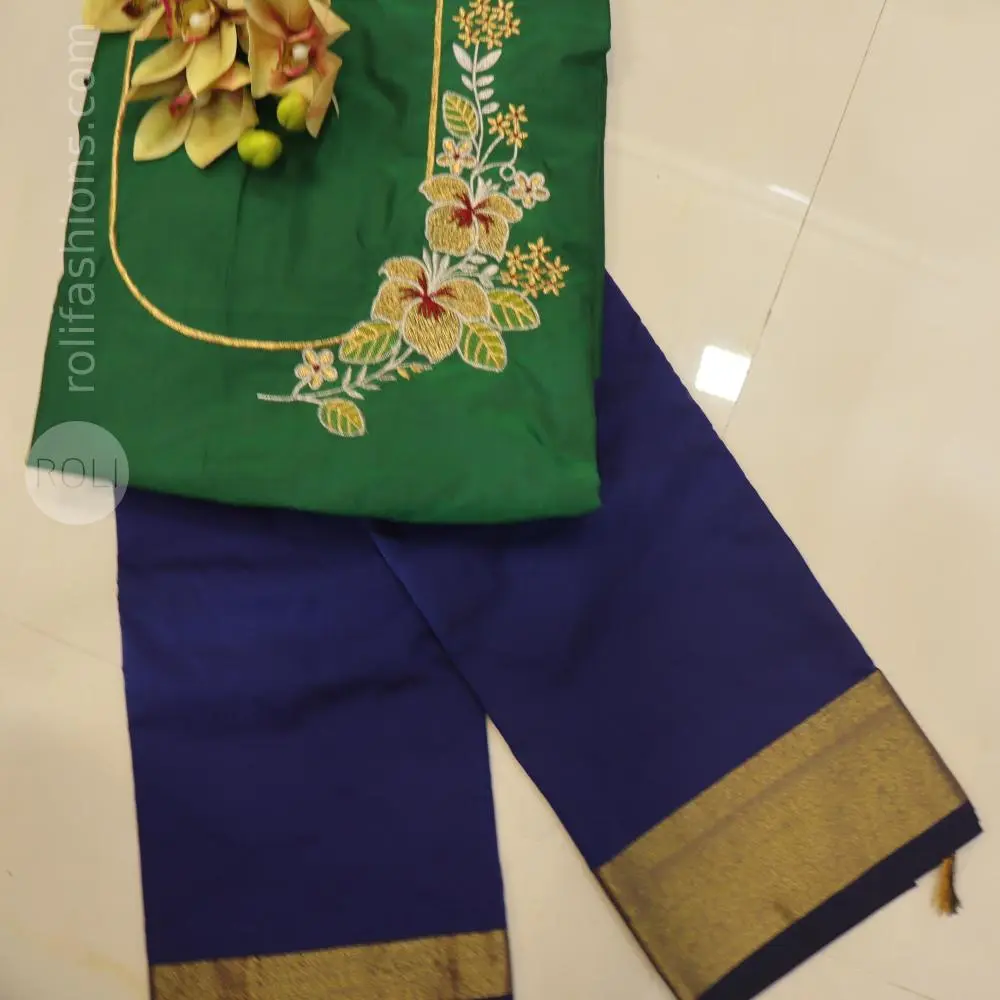 Blue with golden zari woven border and green blouse and pallu