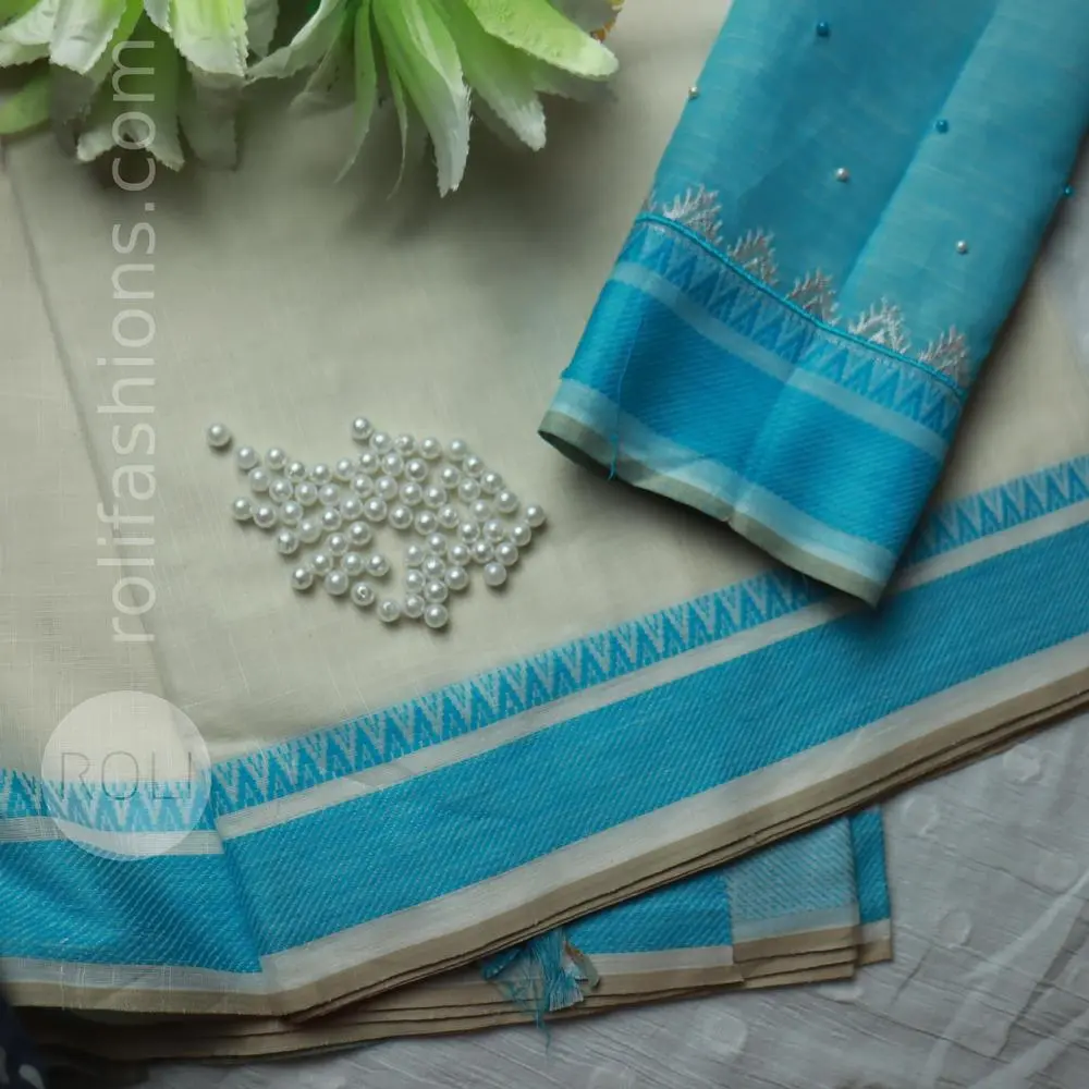 White Saree and Blue Blouse 