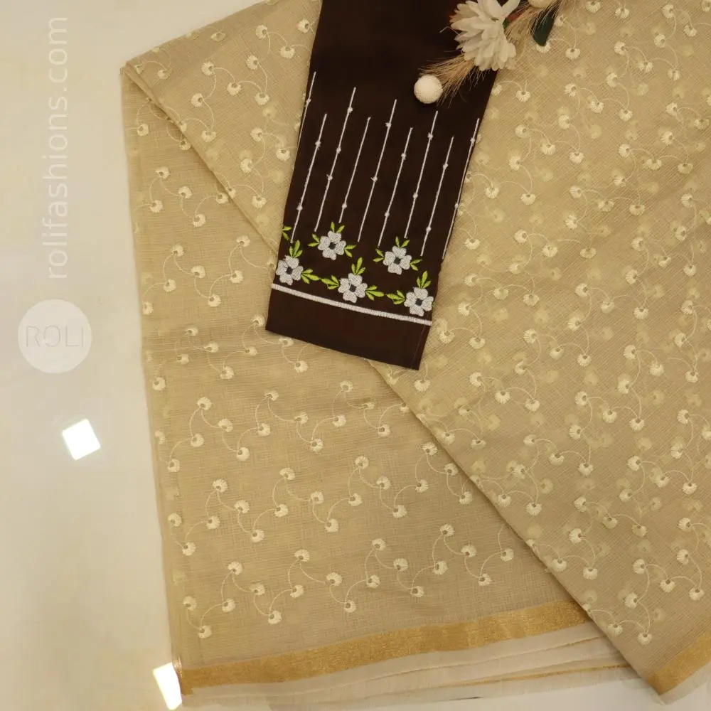 soft beige body with delicate off-white floral embroidery,deep chocolate brown blouse