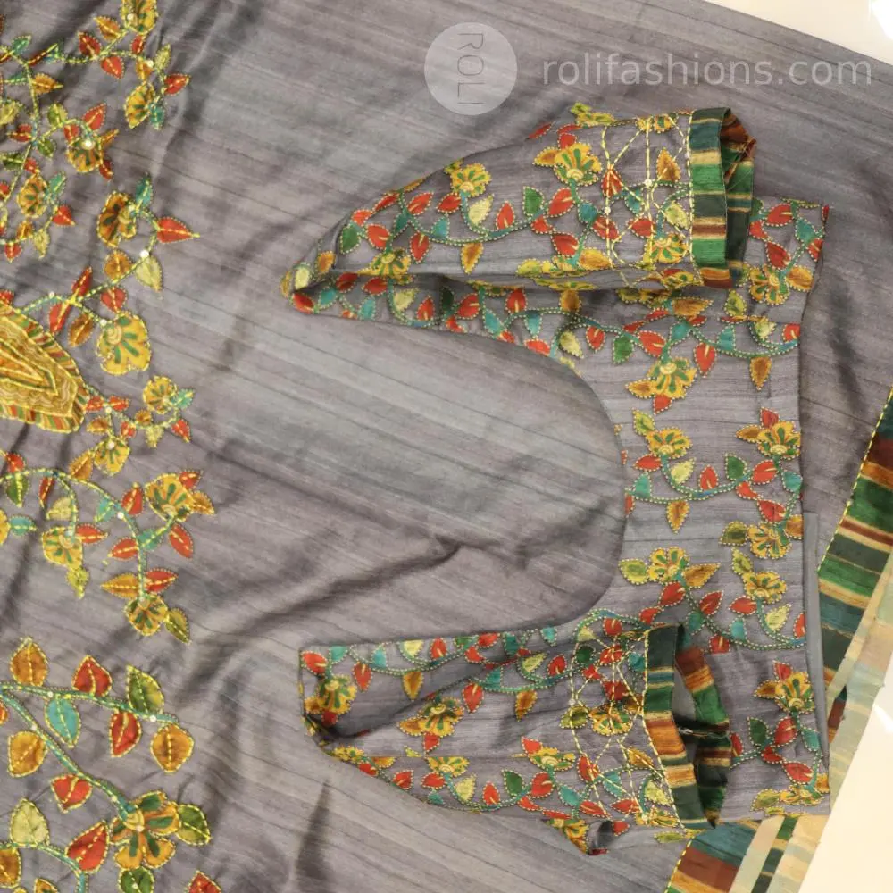 Celebrity Grey saree with kantha hand work