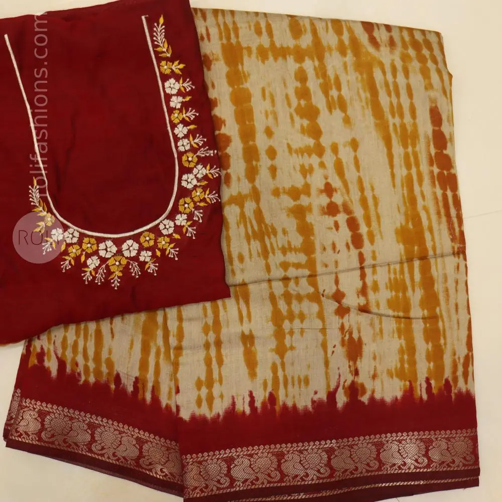 Mustard shibhori printed saree with maroon border