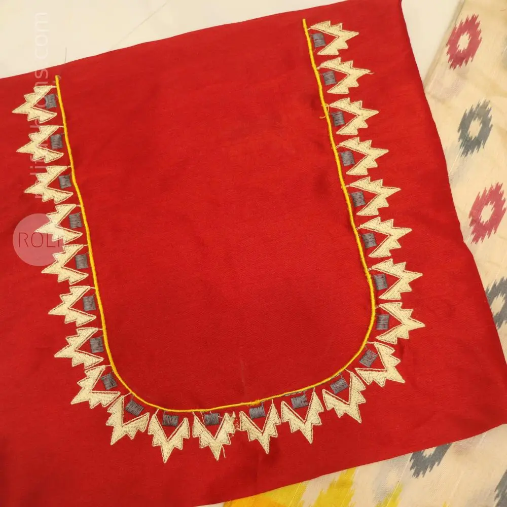 Beige,red and yellow tricolour saree with designer blouse