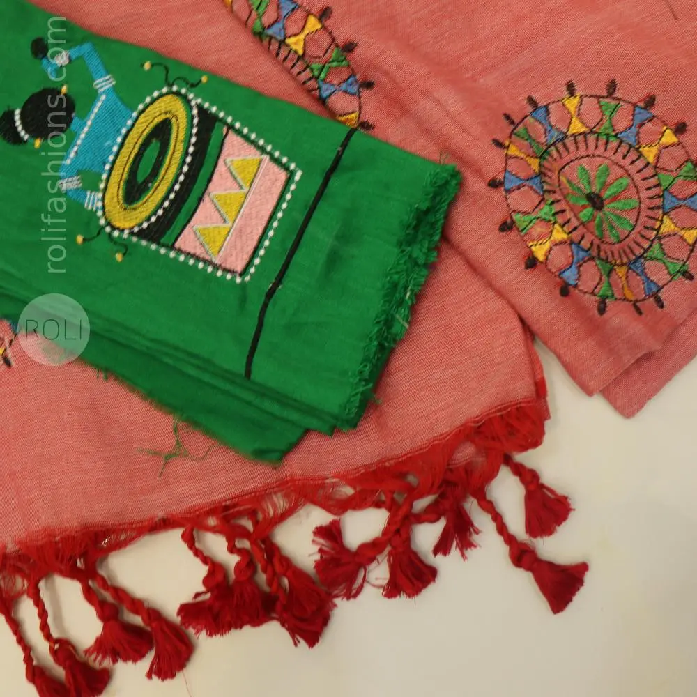 Pastel pink with warli embroidery