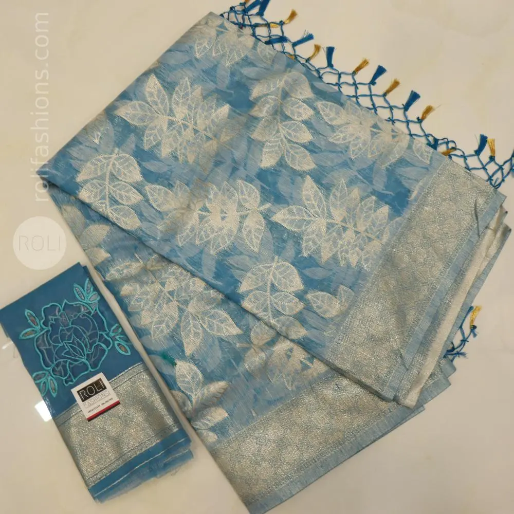 Stunning mojito Blue with silver and gold zari weaving
