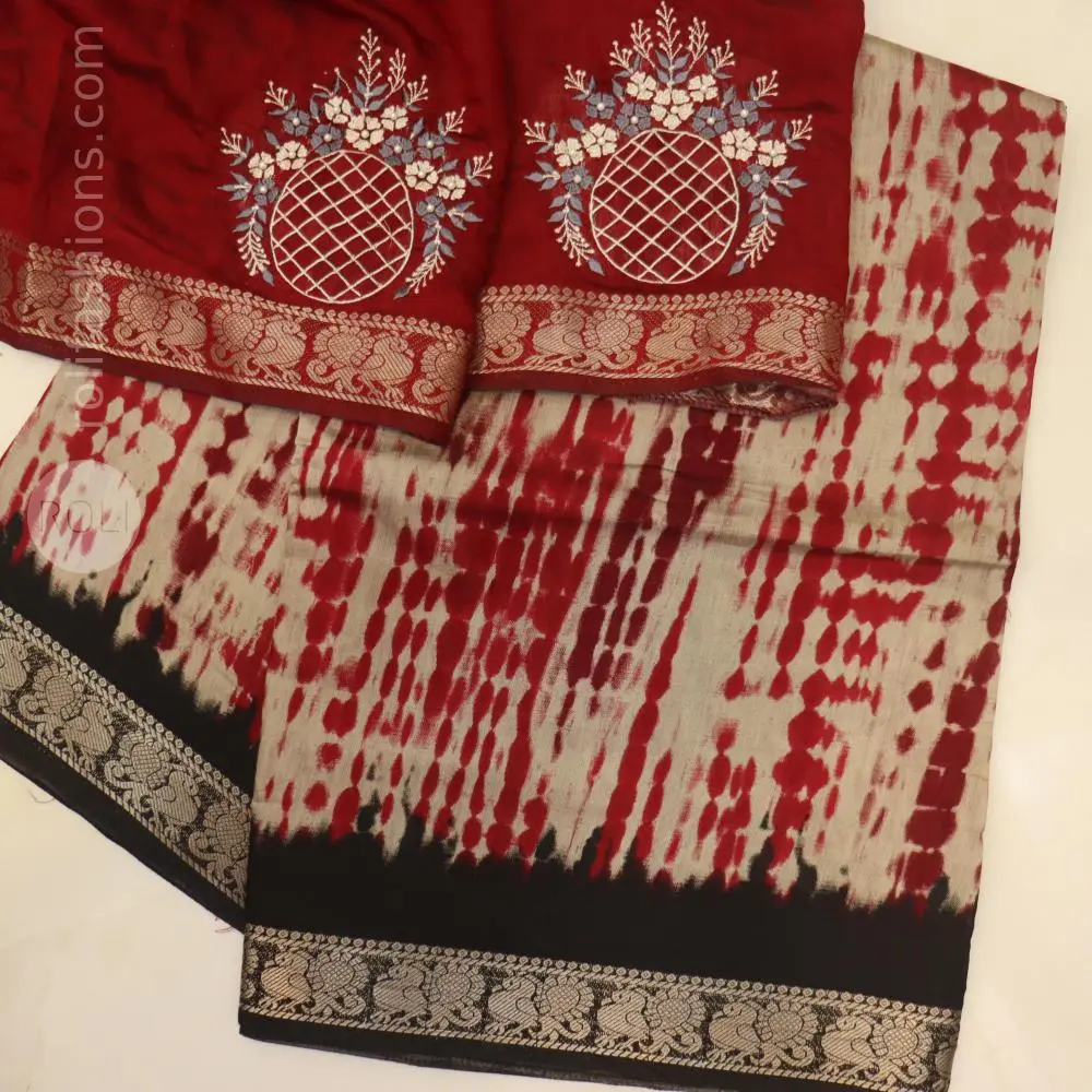 Red shibhori printed saree with black border