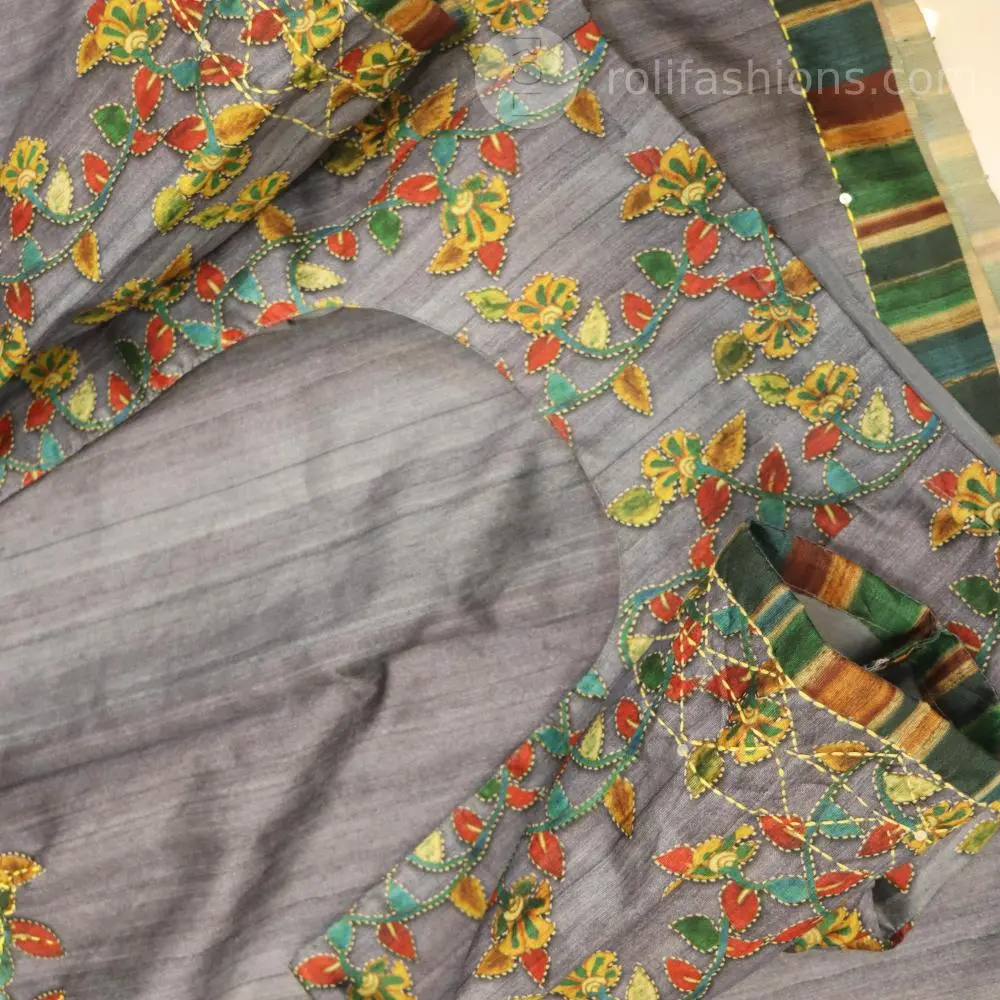 Celebrity Grey saree with kantha hand work