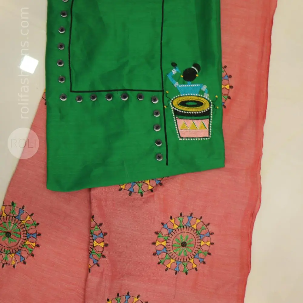 Pastel pink with warli embroidery