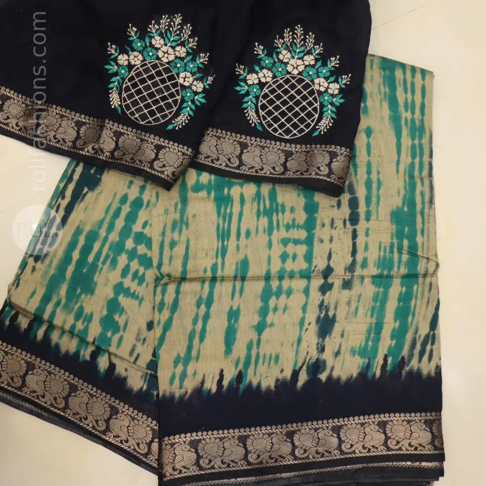 Turquoise shibhori printed saree with nevy border