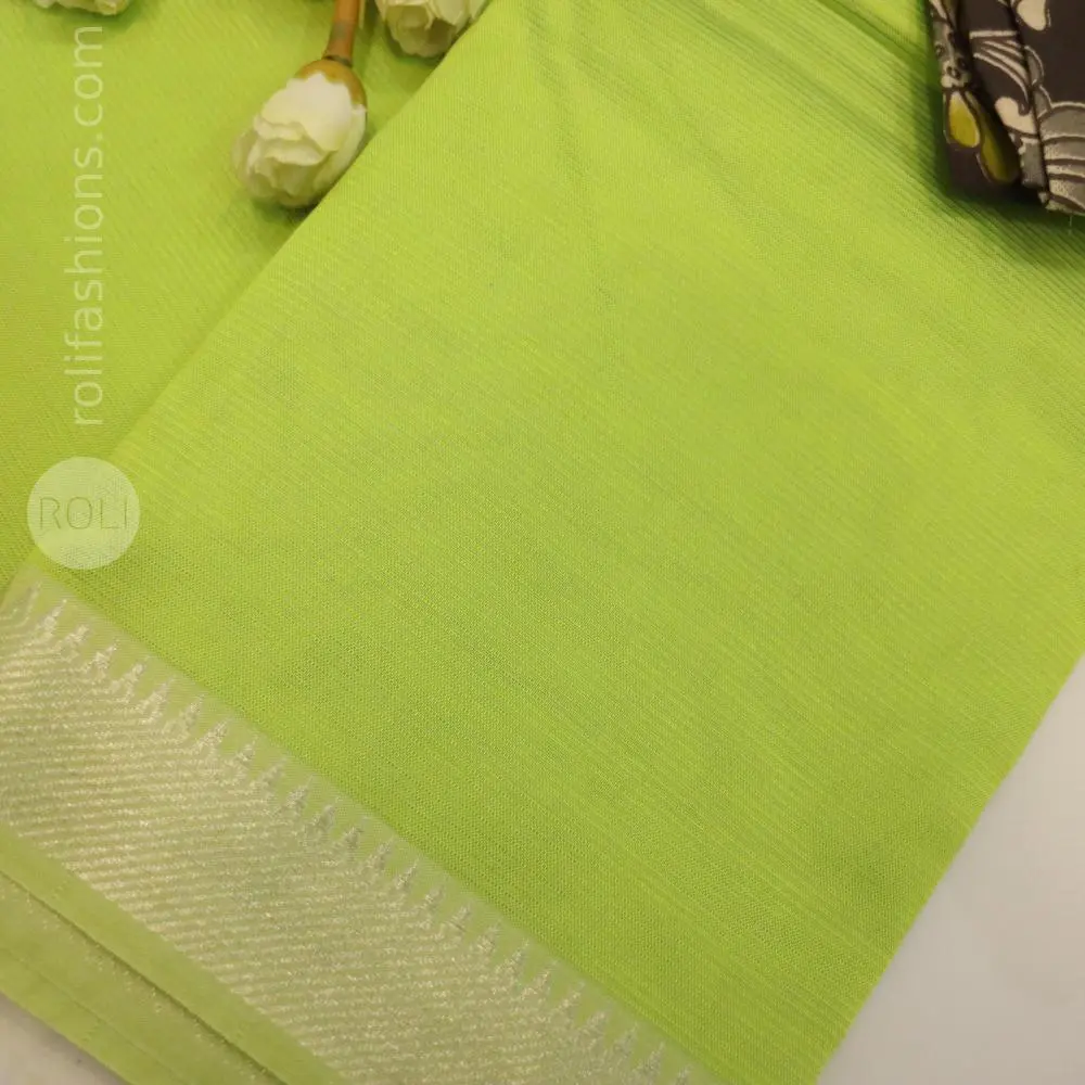 Fresh lime green / parrot green shade with silver zari border
