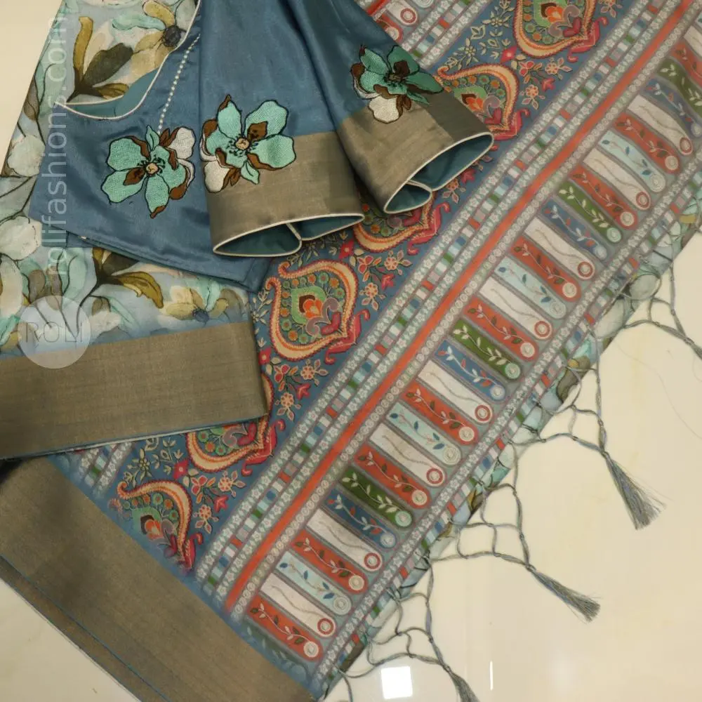 Cerulean blue saree with a stunning super matching designer blouse
