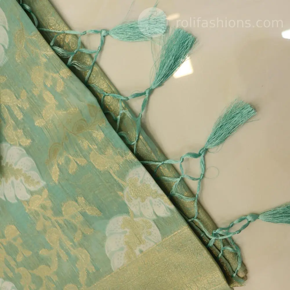 Stunning pastal aqua blue with silver zari border